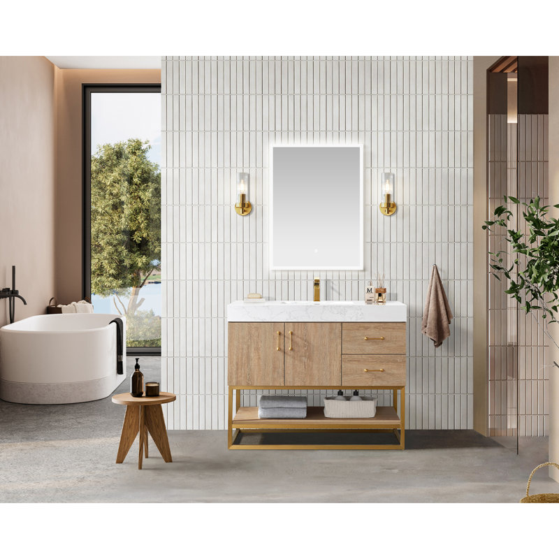 Alistair 42'' Single Bathroom Vanity with Engineered Stone Top, Gold, Natural Oak