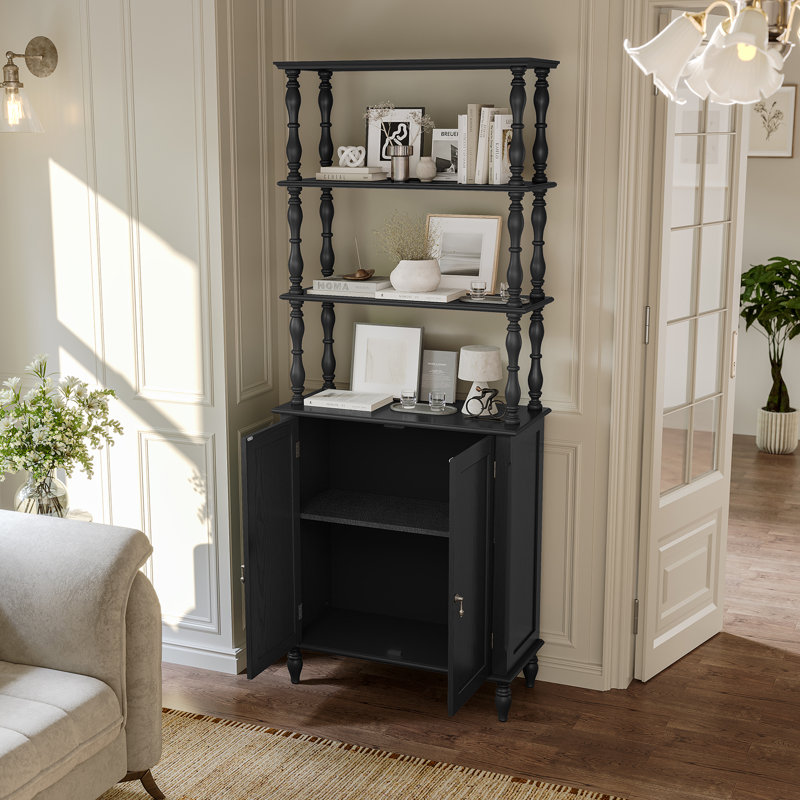77" Tall Bookshelf with Cabinet, Freestanding Storage Cabinet with Solid Wood Legs, Retro Bookcase, Black