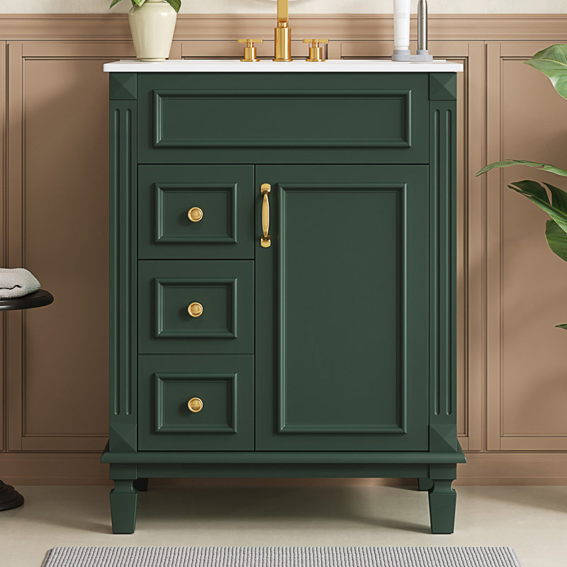 Meuble-lavabo de salle de bain avec lavabo en céramique, armoire moderne avec 2 tiroirs et tablette réglable, Vert
