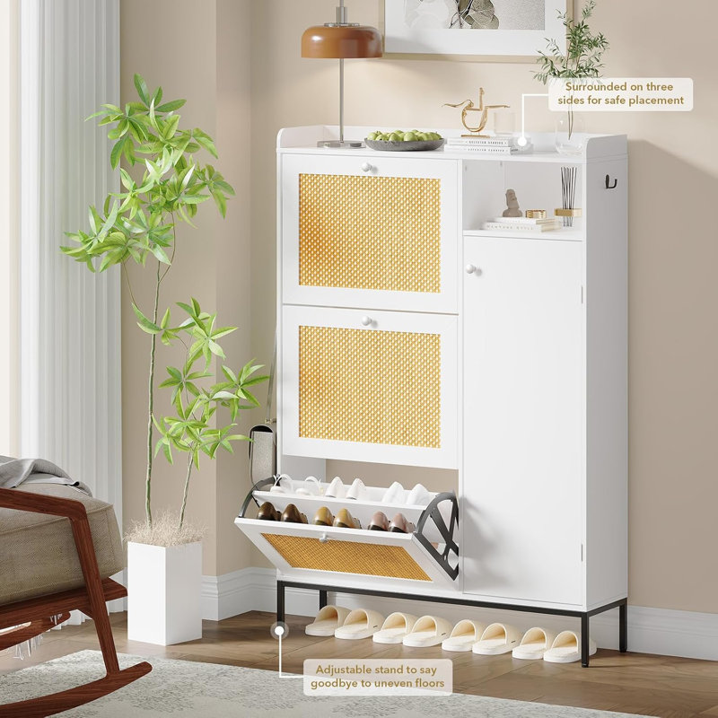 3 Tier Shoe Cabinet With Natural Rattan Flip Drawers, Free Standing Shoe Storage Organizer With Adjustable Shelves, White