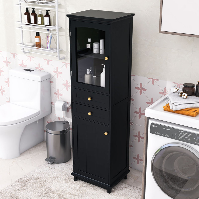 Gillam Tall Freestanding Bathroom Cabinet with Transparent Glass Door and Adjustable Shelving, Black