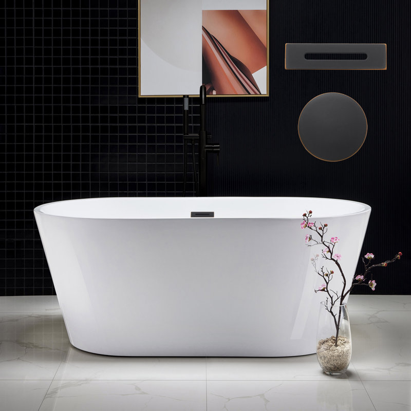 59'' x 29.5'' Freestanding Soaking Acrylic Bathtub, Oil Rubbed Bronze, White
