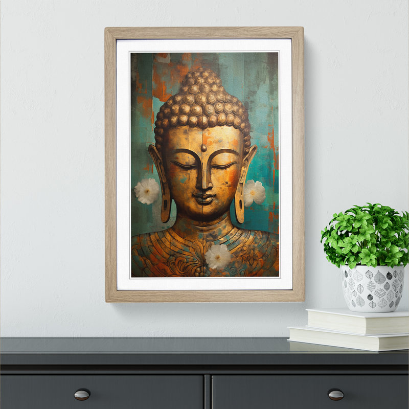 Buddha Art Deco Art - Framed Print, 34cm H x 25cm W x 2cm D, Oak Framed