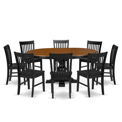 9-Piece Dining Table Set, A Kitchen Table with Extension Leaf and Pedestal Base, Oval Cherry Table Top, 8 Dinning Chairs, Slatted Back, Black Finish