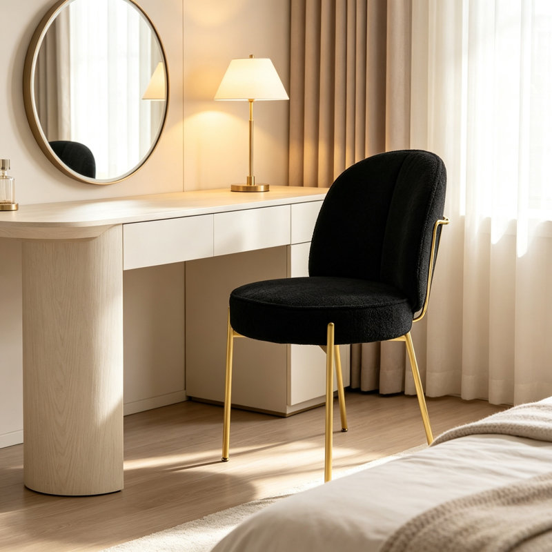 Teddy Fabric Dining Chair with Golden Legs (Set of 2), Black