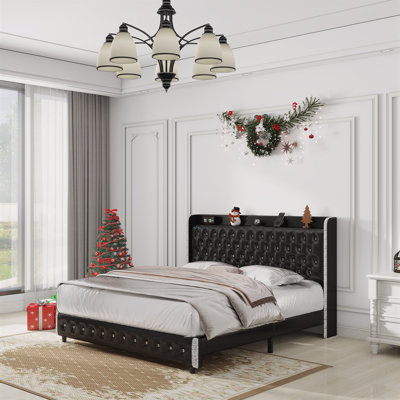 Wingback Upholstered Platform Bed Frame With Galaxy Projector, Diamond Button Headbaord, USB Charger, Music Speaker