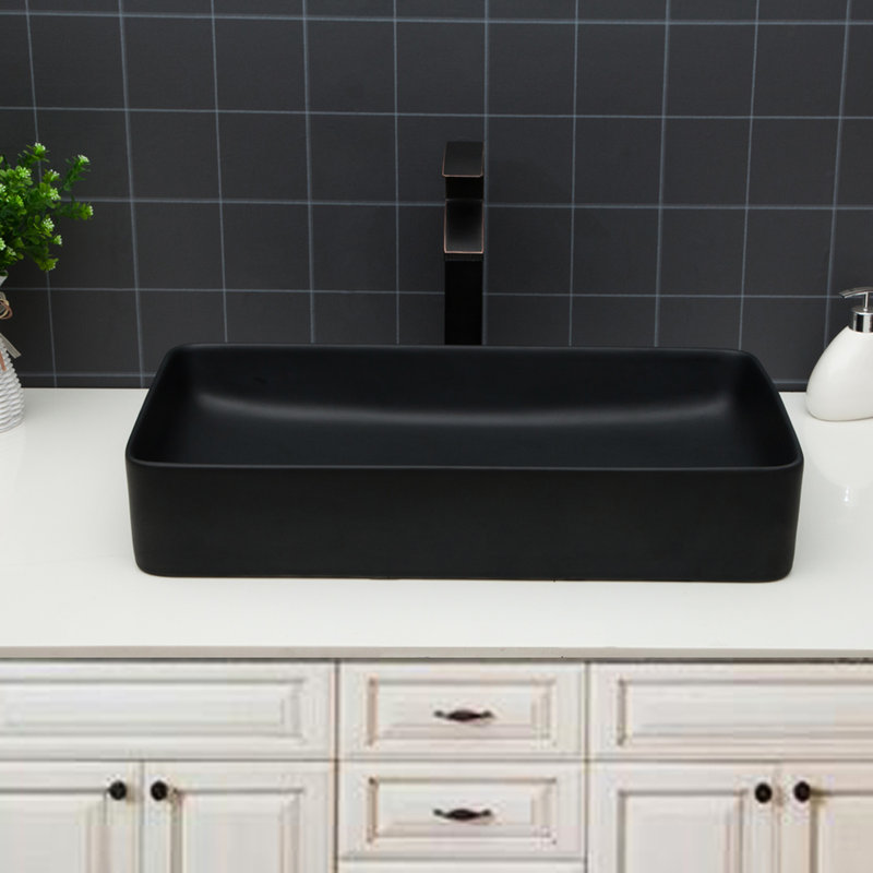 Lavabo de salle de bain vasque rectangulaire moderne en céramique noire 24 po x 13,5 po, facile à entretenir, à faible absorption, intérieur et extérieur, surface de comptoir à fixation sur une surface lisse, utilisation à l'extérieur, installation