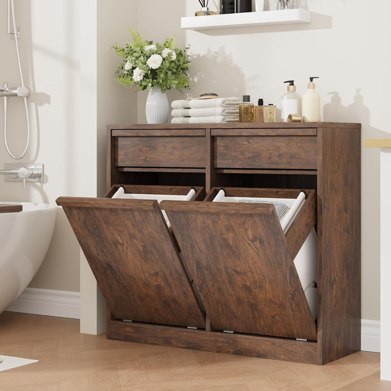 Laundry Hamper Cabinet, with Single Tilt Out Storage Baskets, 20 Gallon Farmhouse Trash Can Cabinet with 2 Drawer, Hidden Wood Laundry Hamper for Bathroom