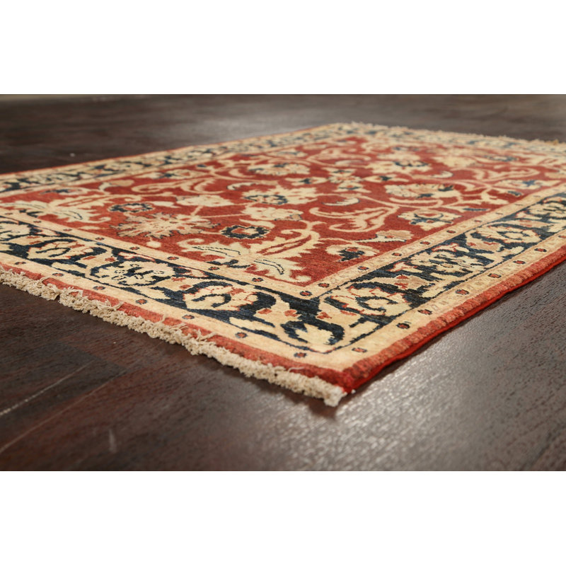 Tapis rouge / beige en laine noué à la main de conception unique 4 pi 0 po x 5 pi 10 po