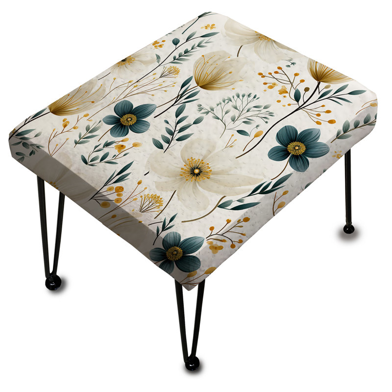 White And Beige Minimalist Floral Bedding - Floral Rectangle Ottoman