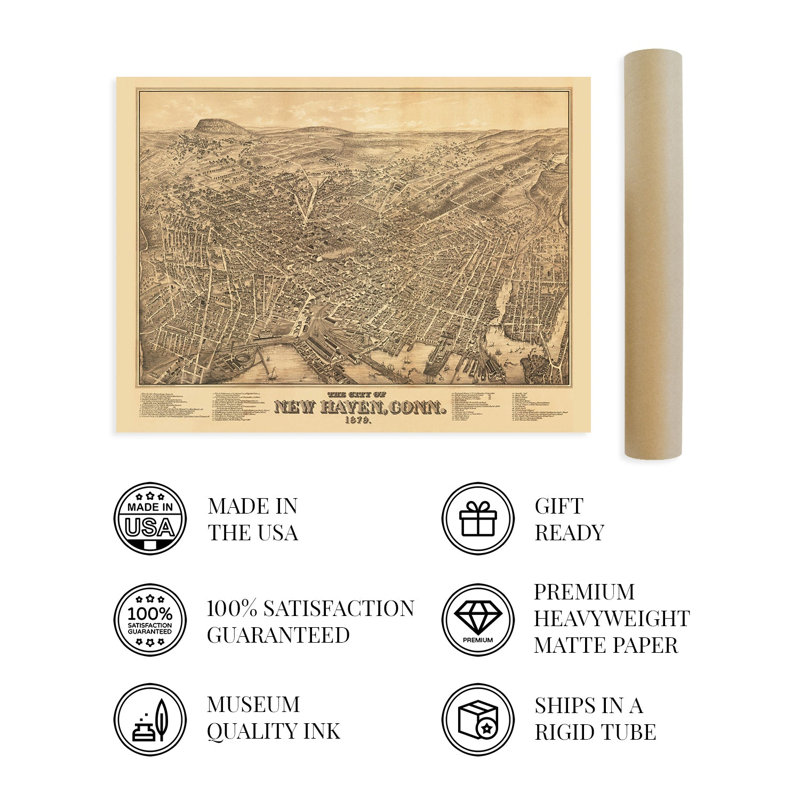 1879 New Haven, Connecticut, carte sur papier, H 24 po x l 36 po