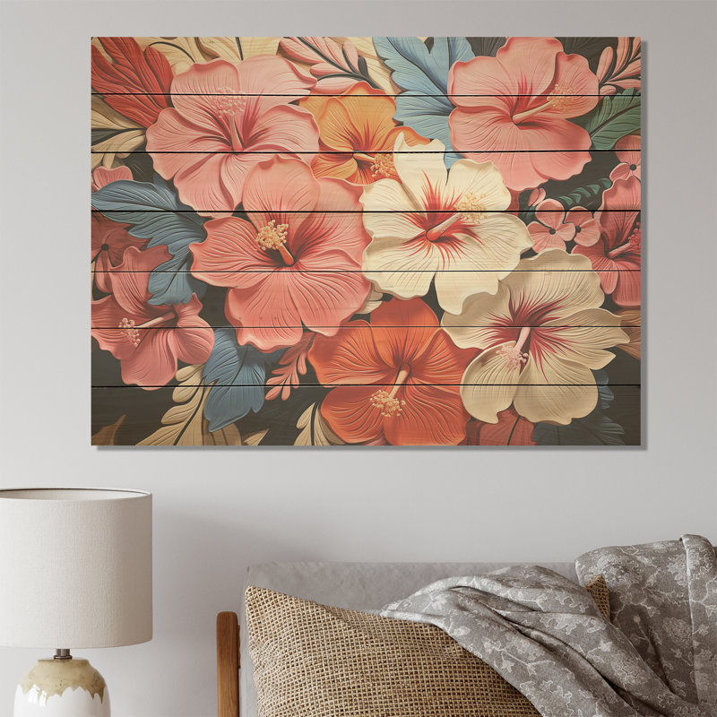 Fleurs colorées d'hibiscus harmonie florale II - Hibiscus sur bois, H 24 po x l 32 po x P 0,78 po