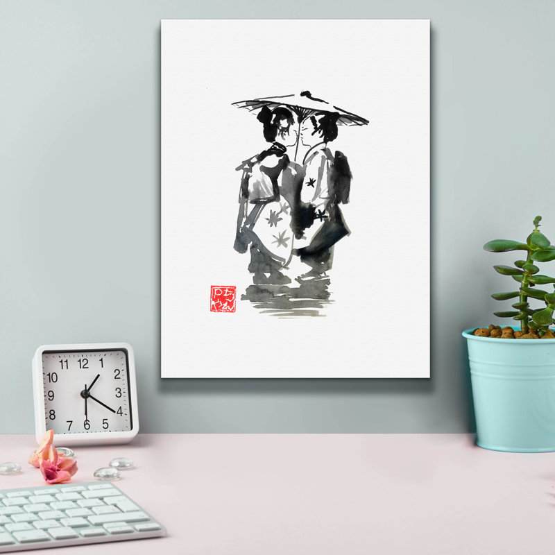 «Two Geisha» par Pechane, art mural sur toile, H 16 po x l 12 po x P 0,75 po