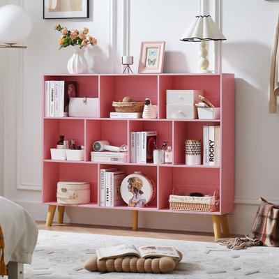 10 Cube Bookshelf,3 Tier Modern Wide Bookcase With Legs,Mid-Century Wood Bookshelves Storage，Retro Large Book Case,Freestanding Organizer Display Shelf For Bedroom,Living Room,Office