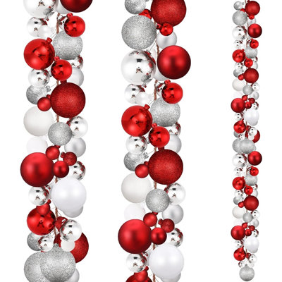 Ensemble de guirlande de boules de Noël, décorations des Fêtes rouges, blanches et argentées pour arbre de Noël, manteau de cheminée, escalier, porte et décoration de fête