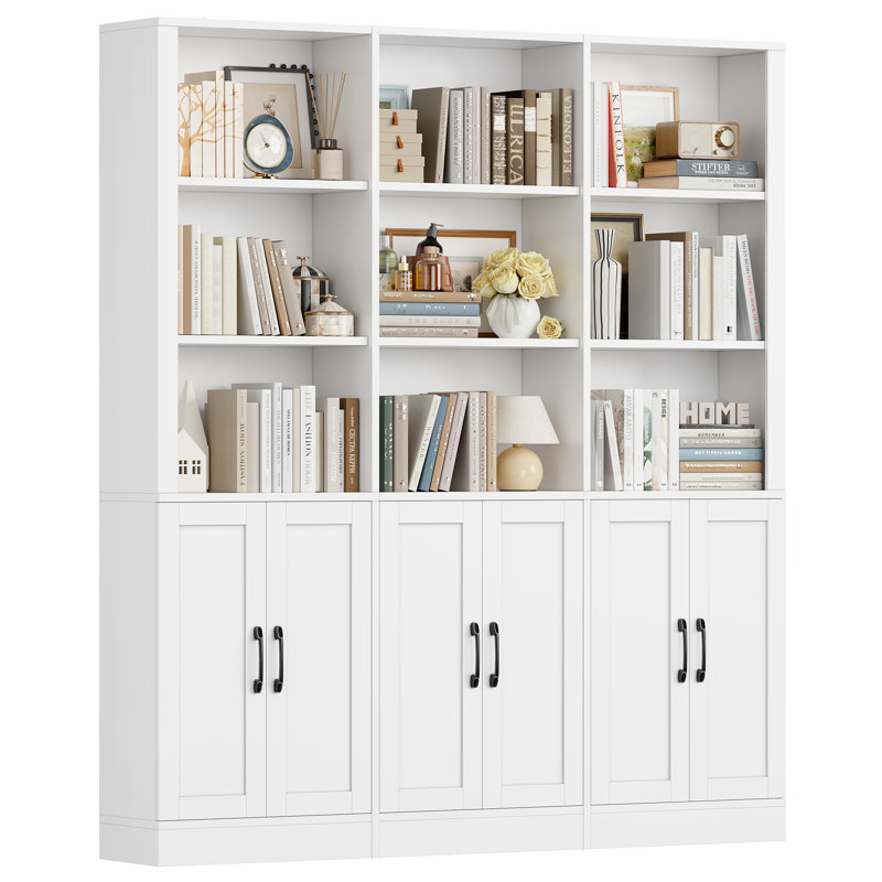 70.1"H x 63"W Wide Triple 5-Tier Storage Bookcase With 3-Tier Open Shelves and 3 Double-door Cabinets  | Tall Storage Cabinet for Home & Office Organization