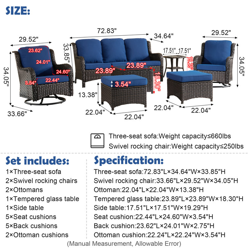 Emlynne 6 - Person Patio Conversation Set with Cushions, Brown, Navy Blue
