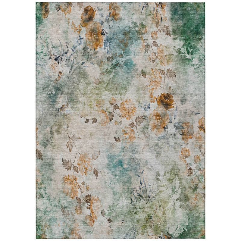 Tapis bleu sarcelle à motif floral bleu et vert 5 pi x 8 pi