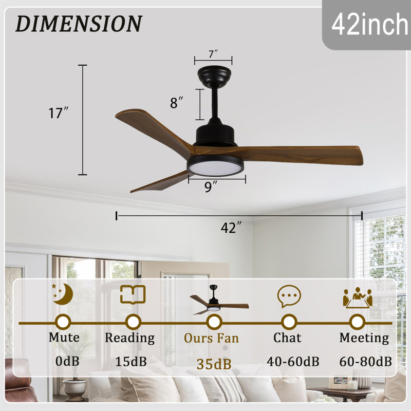 Ventilateur de plafond de 42 pouces avec lumière, pales en bois massif, 2 tiges pour plafond incliné ≤15 °, moteur CC réversible silencieux, application et télécommande, 6 vitesses, minuterie, DEL à spectre complet à intensité variable, pour la chambre à coucher