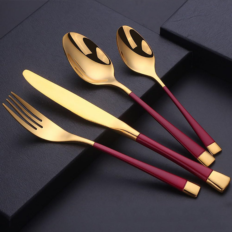 Service d'ustensiles de cuisine en acier inoxydable 24 pièces pour 6 couverts Gold Gold, Rouge