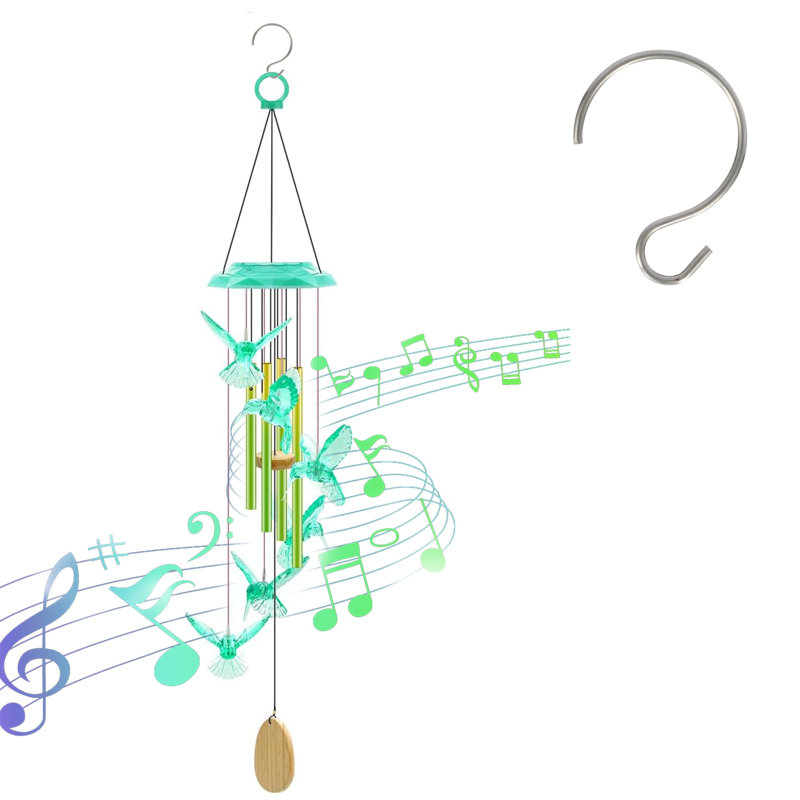 Carillon solaire colibri avec tubes en aluminium imperméable à l'eau changeant de couleur pour la fête des Mères, Vert, 1