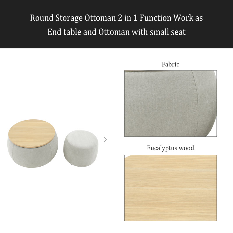 Round Storage Ottoman, 2 In 1 Function, Work As End Table And Ottoman,With Small Seat, Light Gray