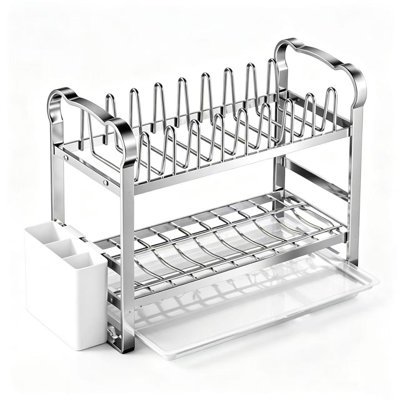 2-tier stainless steel dish drying rack, featuring a robust metal wire frame for storing plates and bowls
