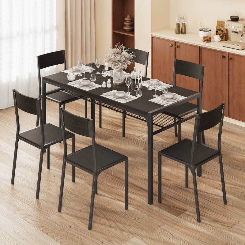 7-Piece Dining Table Set, Black, Black
