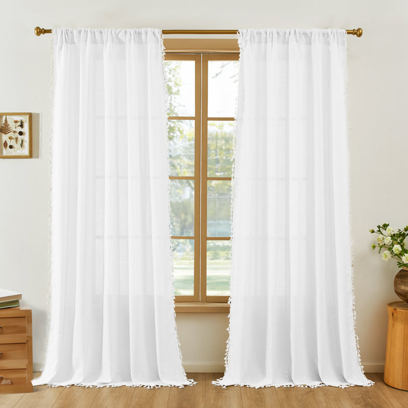 Semi Sheer Rod Pocket Curtain Panel with Tassel Fringe – Faux Linen Textured, Light Filtering, 1 Panel, White, 52" W x 108" L