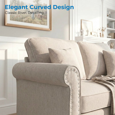 Linen Fabric Loveseat Sofa with Rolled Arms, Rivet Detailing and Gourd-Shaped Legs