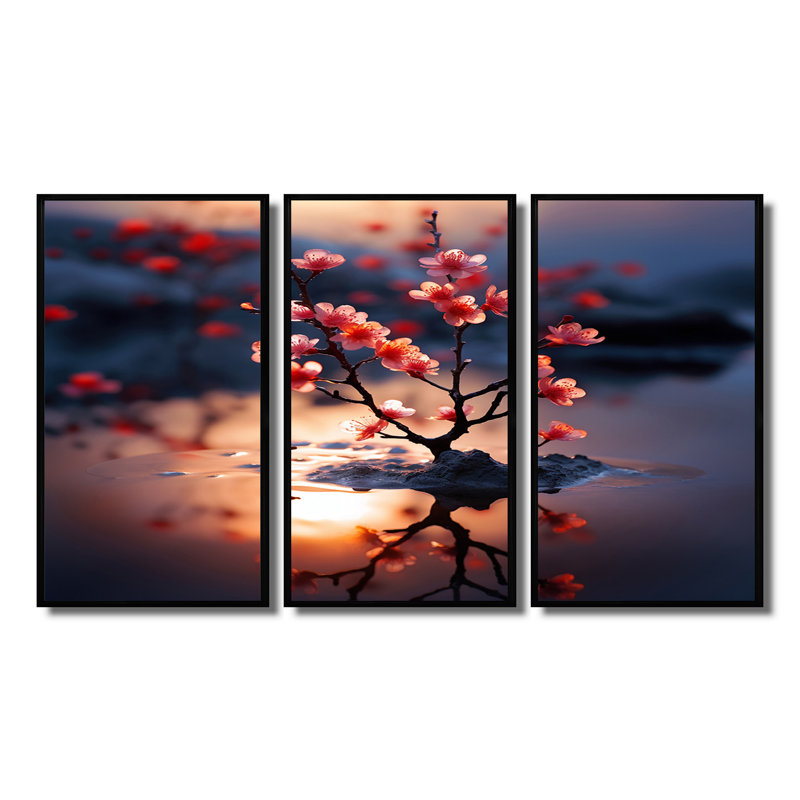 Heriberto - ensemble de reproductions d'art sur fleurs de pommiers, Cadre flottant noir, H 28 po x l 36 po x P 1 po