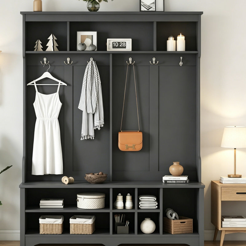 Portemanteau en bois avec crochets en métal, casiers de rangement pour chaussures et banc, porte-manteau moderne pour vestibule