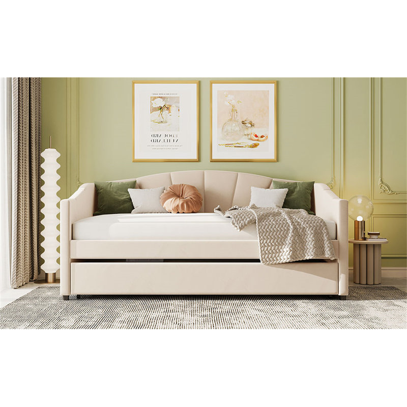Upholste Daybed Sofa Bed With Trundle Bed And Wood Slat