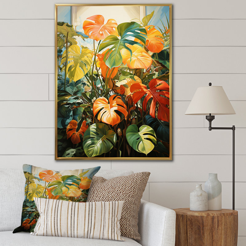 Feuillage tropical orange et vert III, H 20 po x l 12 po x P 1 po, Cadre flottant doré
