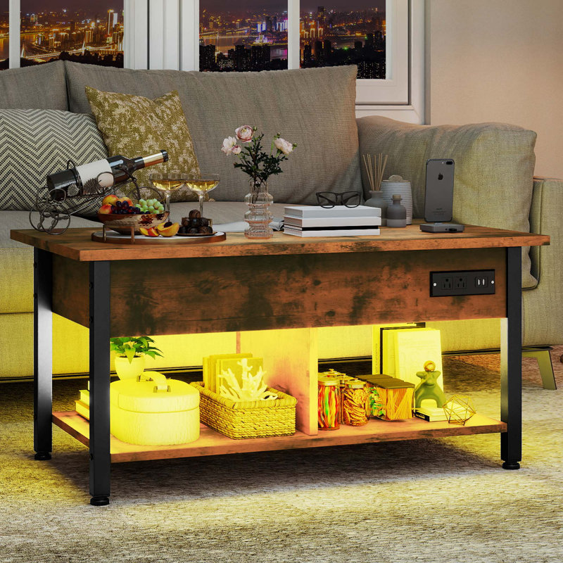 Lift Top Coffee Table With Light, Walnut Top/Black Base