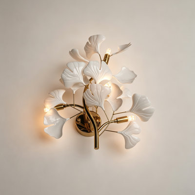 Ginkgo Leaf Branch Wall Sconce with Gold Metal Frame, White Sculptural Leaf Shades for Bedroom Hallway