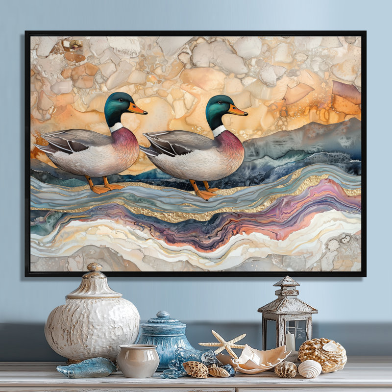 Dorin Ducks Family At The Lake Landscape IV - Art mural sur toile Duck, H 12 po x l 20 po, Impression encadrée flottante