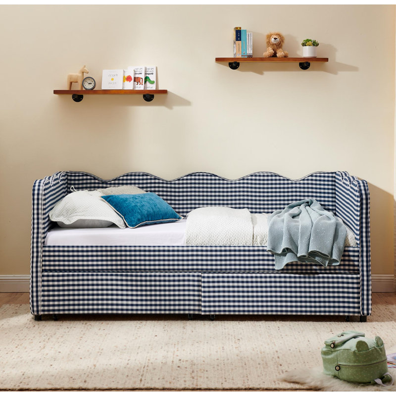 Twin Size Cozy Gingham Daybed with Two Storage Drawers, with USB Port and Adorable Wave Shaped, Linen Fabric, Twin, Black