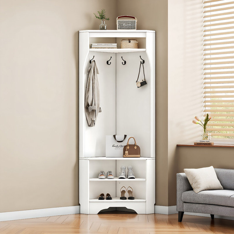 Corner Hall Tree with Bench & Storage – Space-Saving Shoe Rack & Coat Rack, White