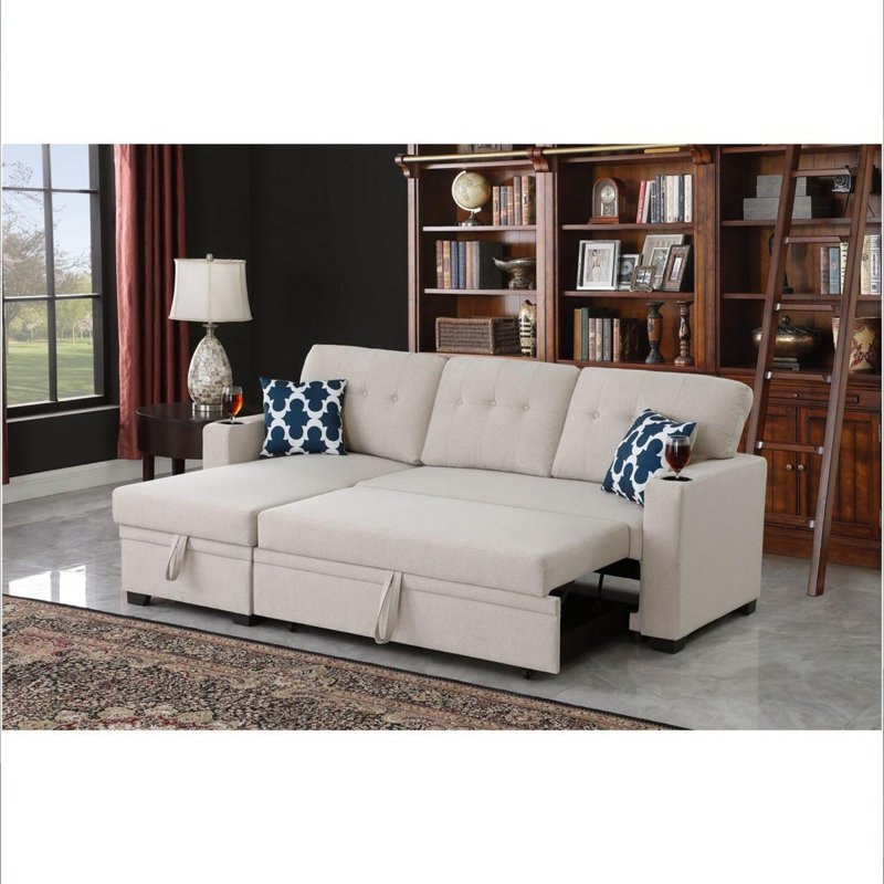 82" Width Sectional with storage chaise and cupholder armrest, Beige Linen