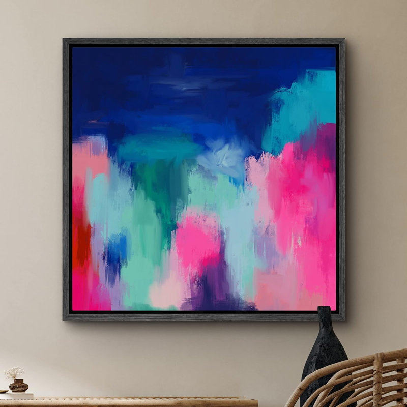 Pastel bleu et rose, aquarelle, collage, formes abstraites, art moderne rustique, néon coloré encadré sur toile, Noir