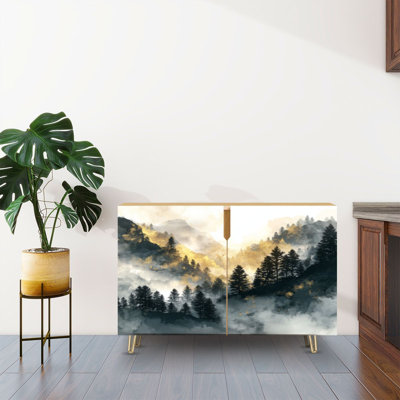 Sideboard Buffet Cabinet with Storage Golden Ink Splatter Mountain with 2 Doors for Living Room and Kitchen