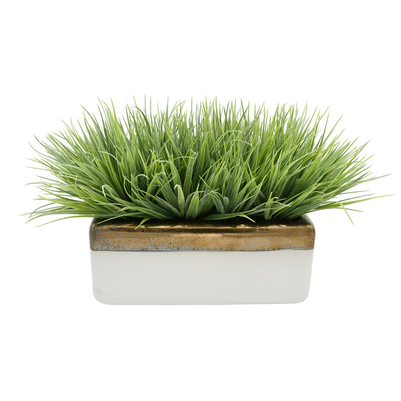Herbe artificielle en pot de fleurs, Doré / Blanc, Vert pâle, H 13 po x L 20 po x P 13 po