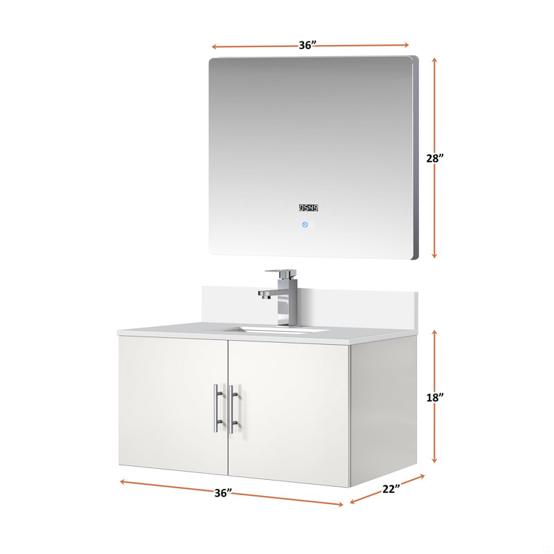 Meuble-lavabo de salle de bain 36 po X P 22 po , Comptoir en quartz blanc, ensemble de robinets et Miroir à DEL, Blanc