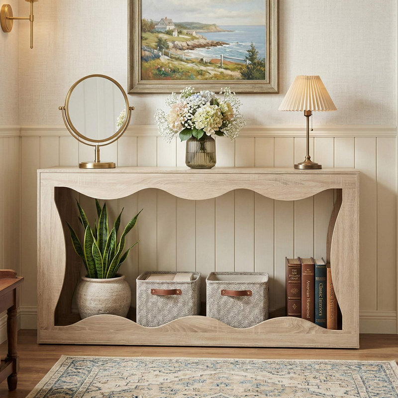 63" 2-Tier Narrow Entryway Console Table, Unique Wavy Edge Open Storage Shelf, Scratch-Resistant Finish & Anti-Tip Design, Fits Entryway, Living Room
