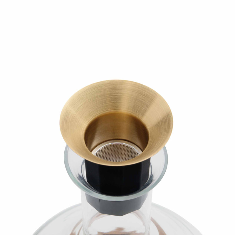 Clear Glass Wine Decanter with Gold Accents and Wood Coaster