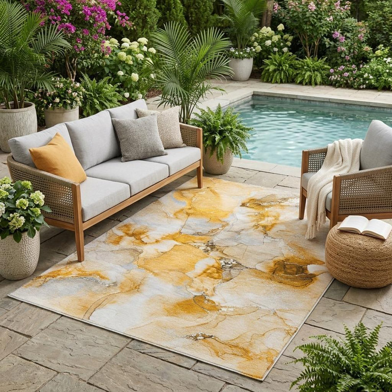 Tapis extérieur lavable abstrait orange et ivoire 5 pi x 8 pi