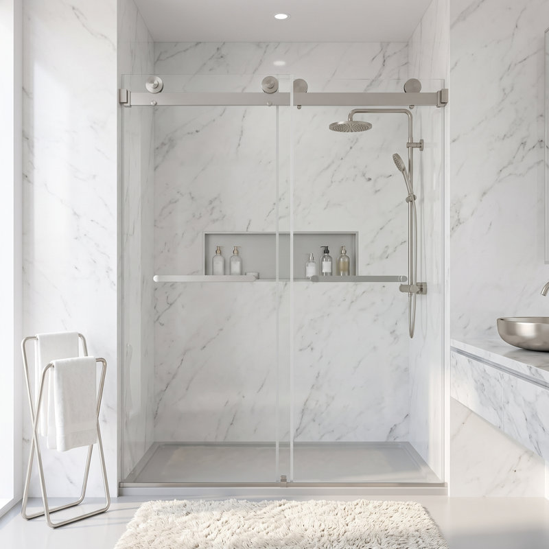 56-60 "W x 74" H Frameless Double Sliding Shower Door ，5/16"(8mm) Tempered Glass with Stainless Steel Handle,Brushed Nickel