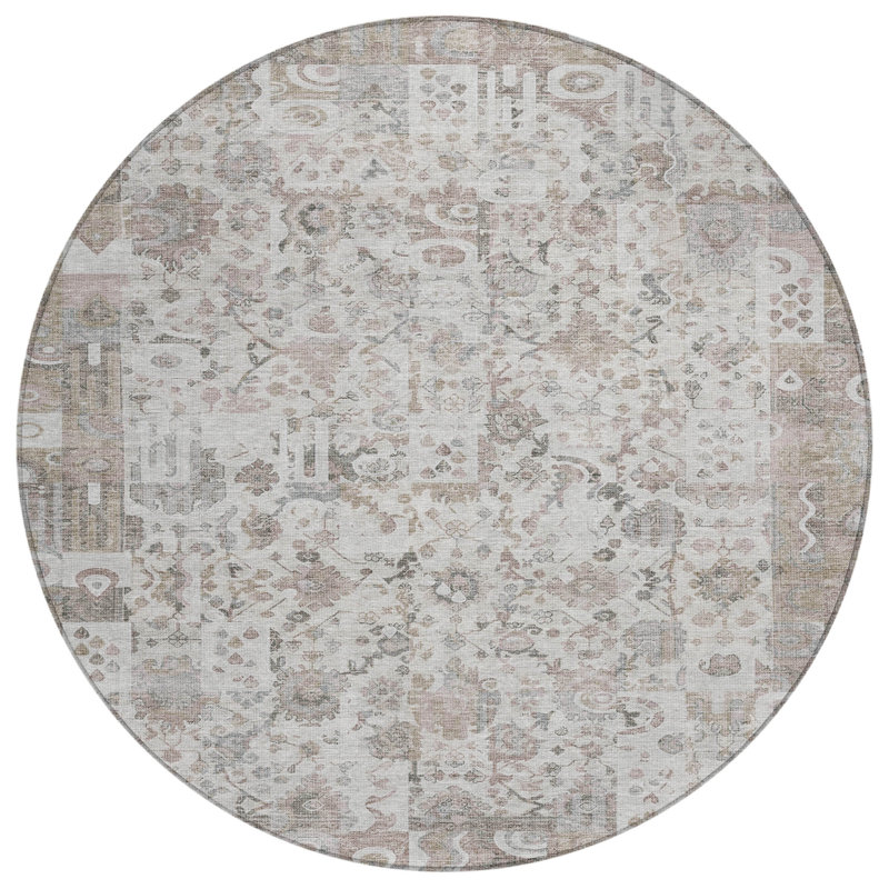 Tapis intérieur lavable rond 8 pi taupe et ivoire