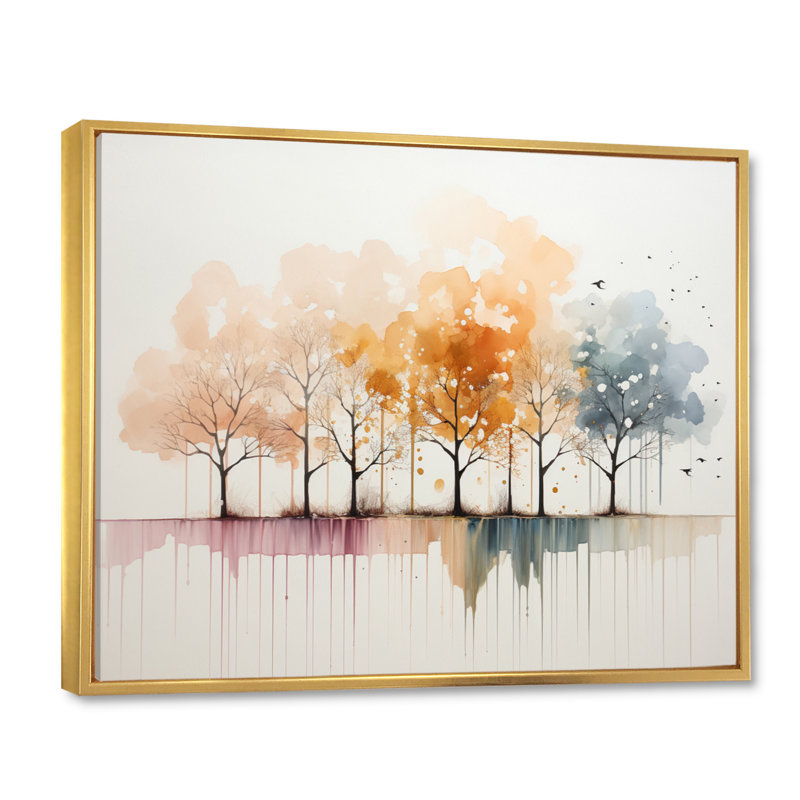 «Minimalisme, arbre jaune solitude II», art mural encadré, Cadre flottant doré, H 34 po x l 44 po x P 1,5 po